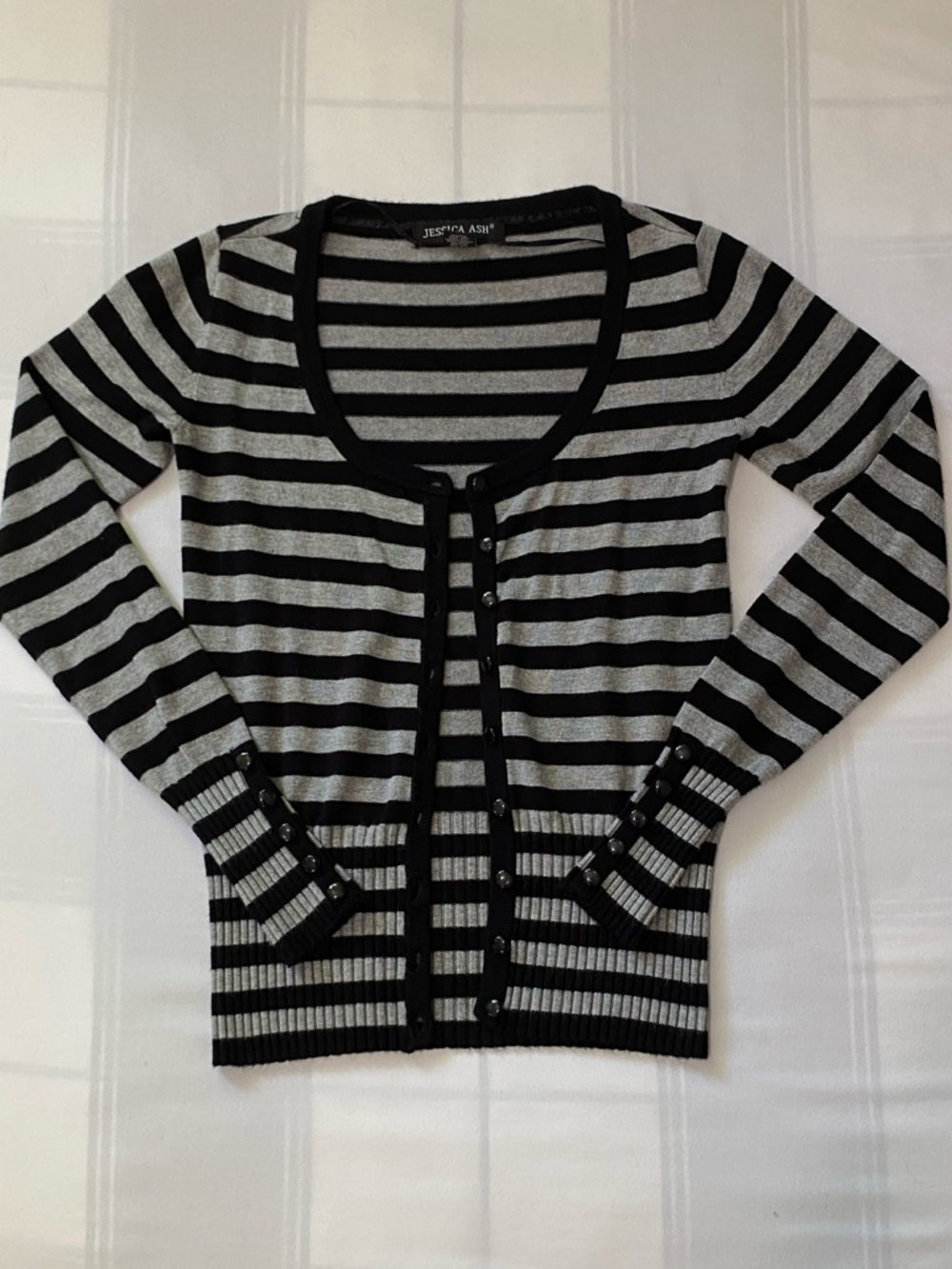 Black And Grey Striped Button Up Cardigan